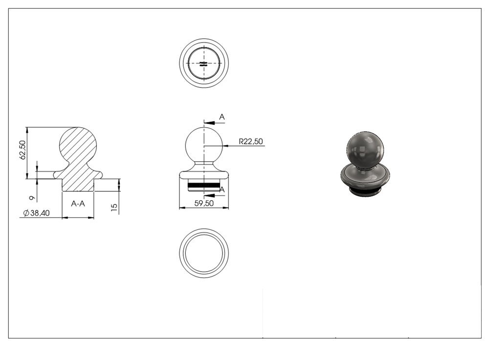 Ball tube knob V2A for Ø 42.4x2.0 mm