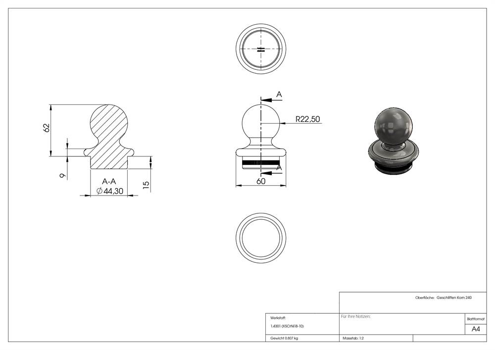 Ball tube knob V2A for Ø 48.3x2.5 mm
