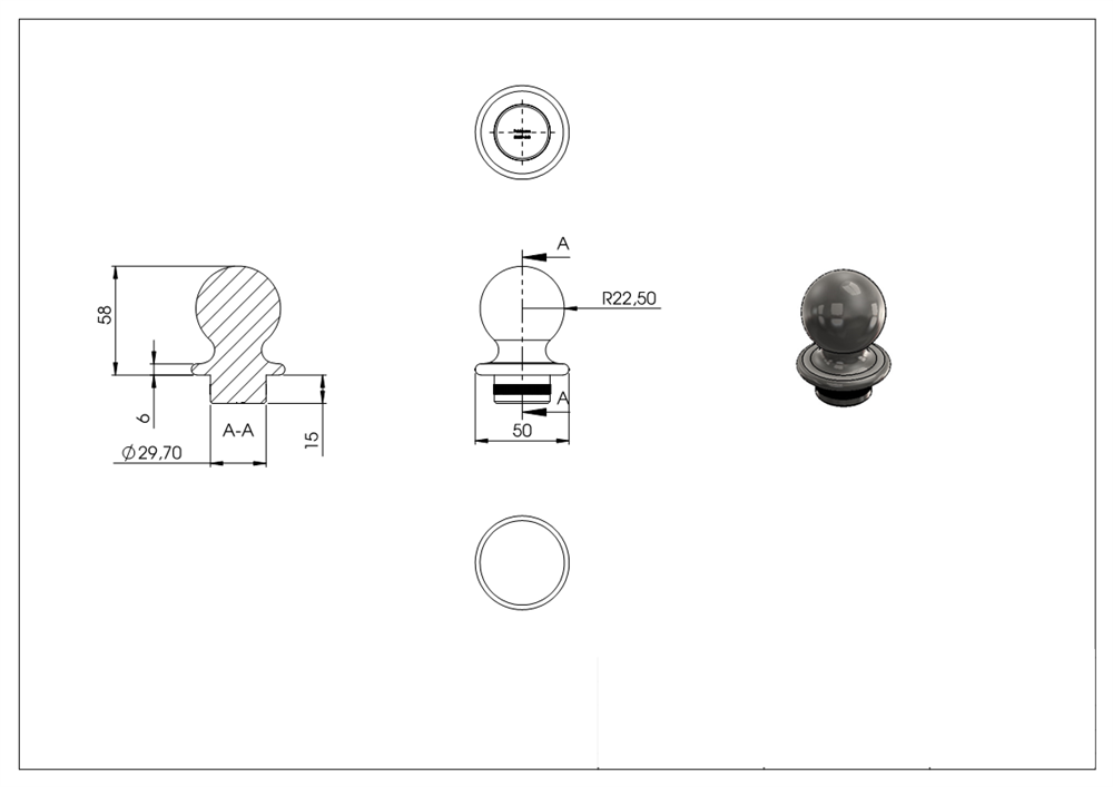 Ball tube knob V2A for Ø 33.7x2.5 mm