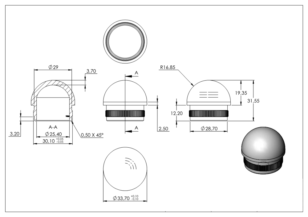 Plug semicircular V2A cast for Ø 33,7x2,0 mm