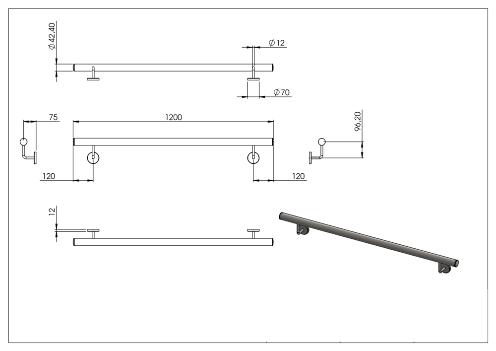 Handrail | ready for installation | length: 1200 mm | round tube: Ø 42.4 mm | V2A