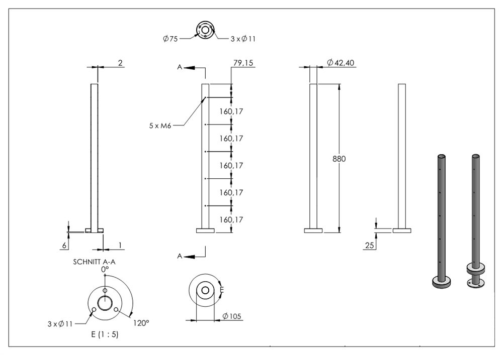 Railing post | for 5 cross bar holders M6 | length: 880 mm | V2A