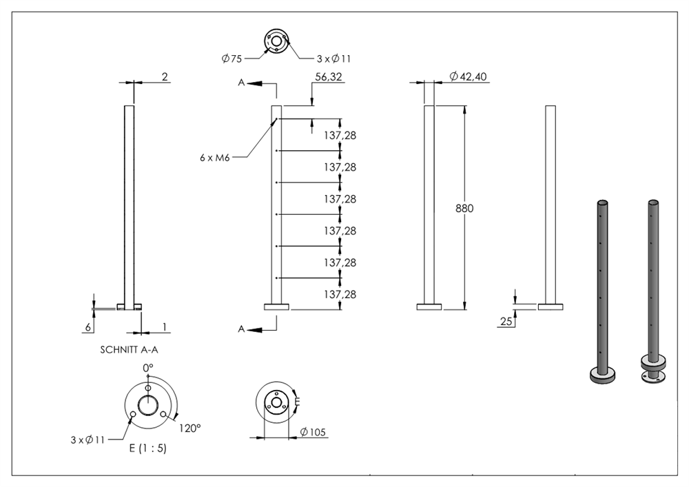 Railing post | for 6 cross bar holders M6 | length: 880 mm | V2A