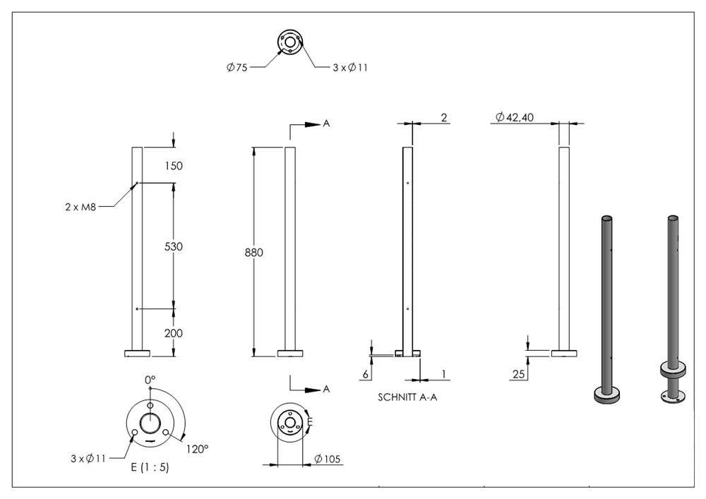 Railing post | for 2 glass clamps M8 | length: 880 mm | V2A