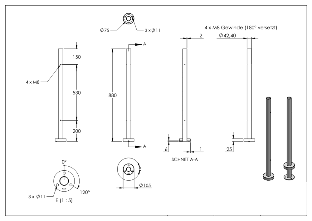 Railing post | for 4 glass clamps M8 | 180° offset | length: 880 mm | V2A