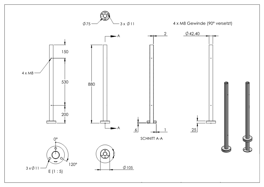 Railing post | for 4 glass clamps M8 | 90° offset | length: 880 mm | V2A