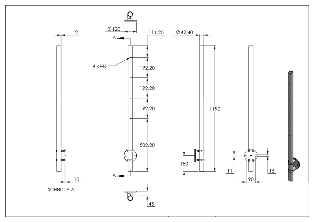 Railing post | lateral mounting | for 4 crossbar holders M6 | length: 1190 mm | V2A