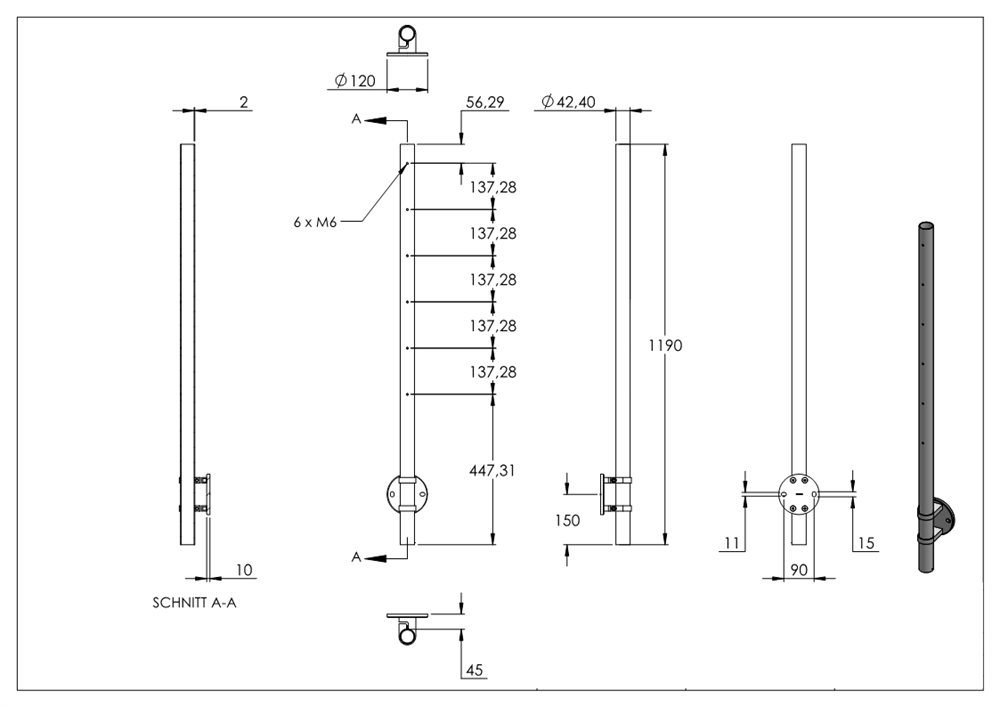 Railing post | lateral mounting | for 6 crossbar holders M6 | length: 1190 mm | V2A