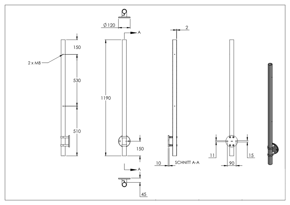 Railing post | side mounting | for 2 glass clamps M8 | length: 1190 mm | V2A