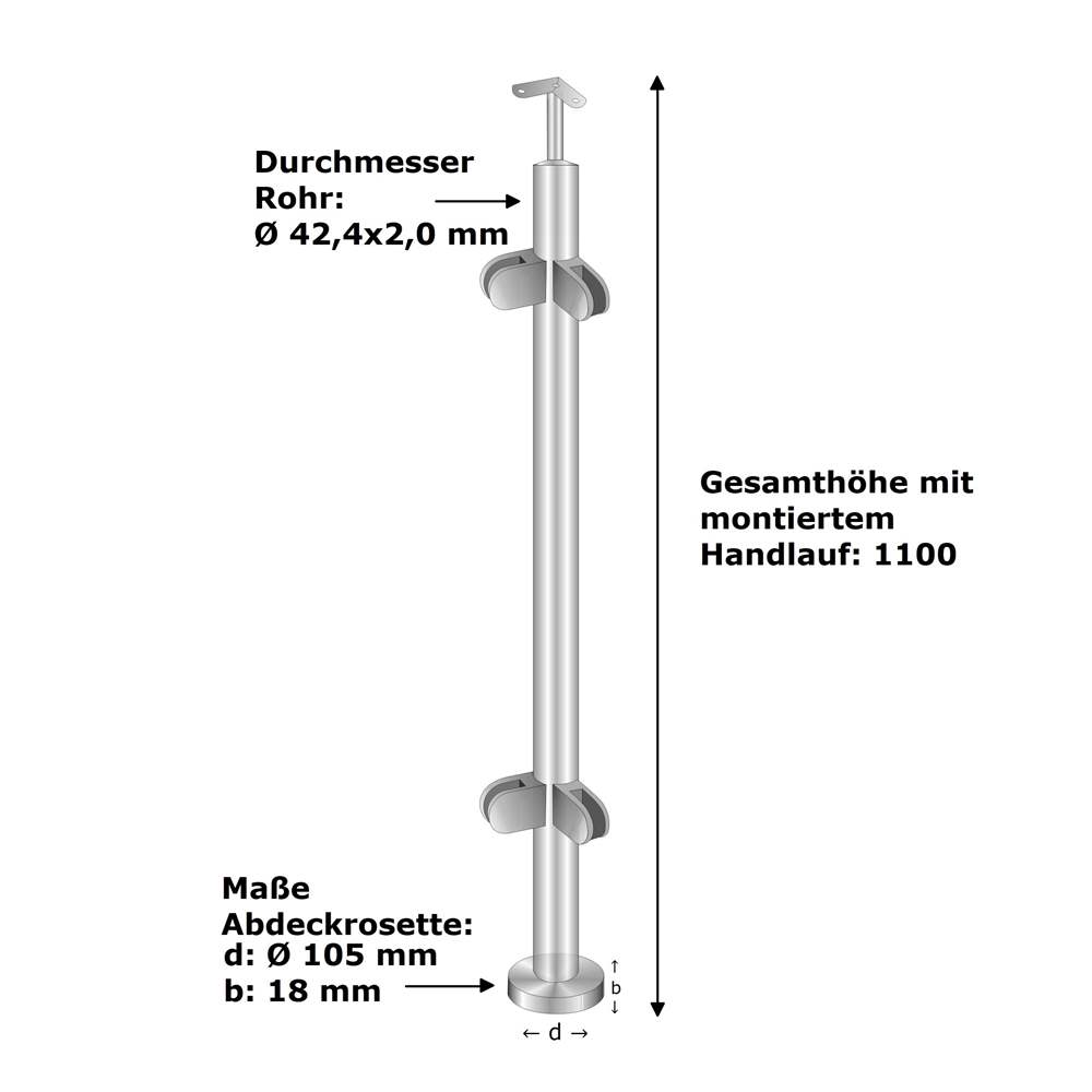 Railing post | corner post | for surface mounting length 1100 mm | V2A