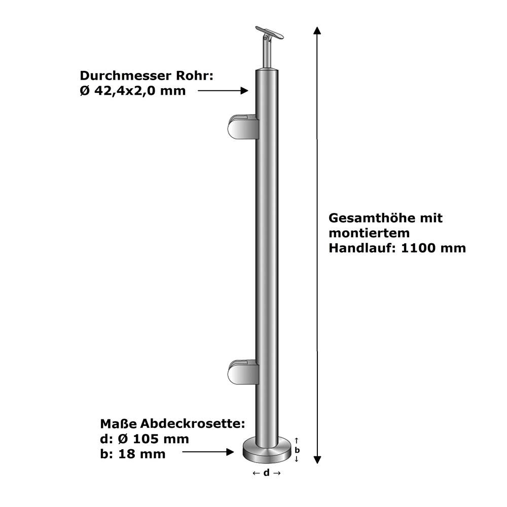 railing post | end post left | length: 1100 mm | for surface mounting | V2A