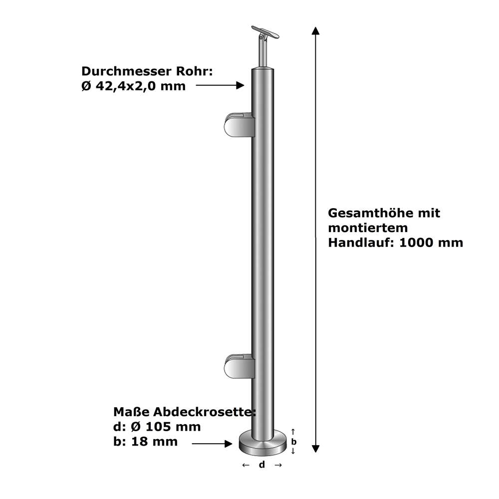 railing post | end post left | length: 1000 mm | for surface mounting | V2A