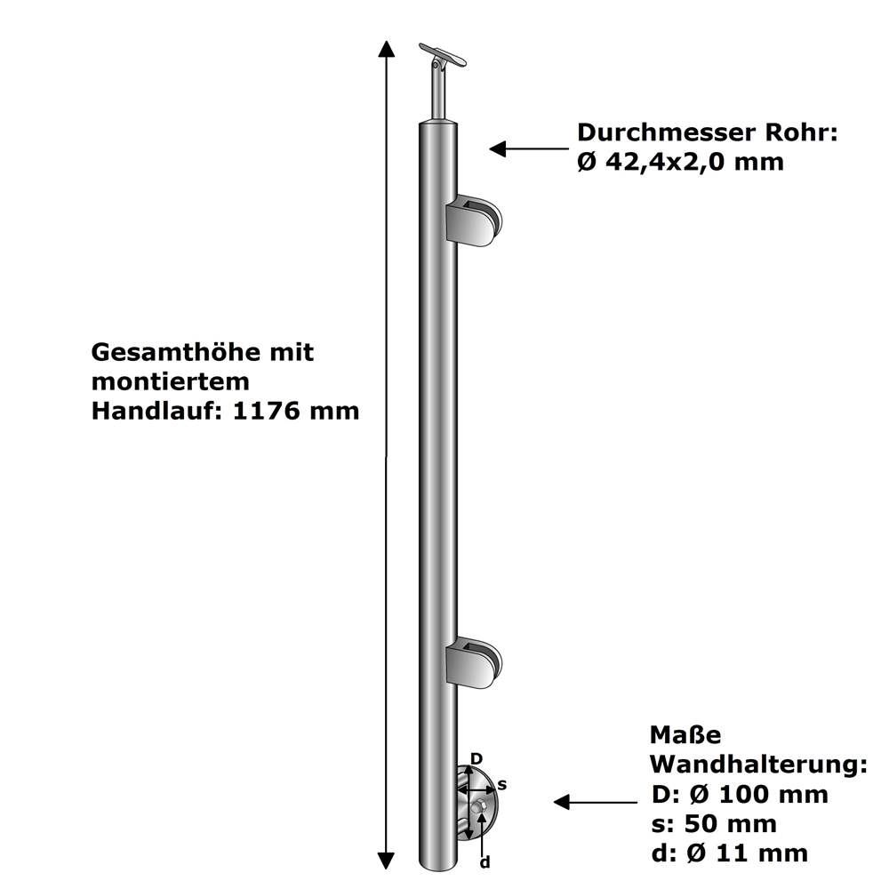 railing post | end post right | length: 1000 mm | for lateral mounting | V2A