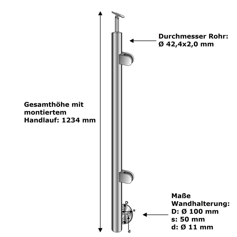 railing post | end post right | length: 1000 mm | for lateral mounting | V2A