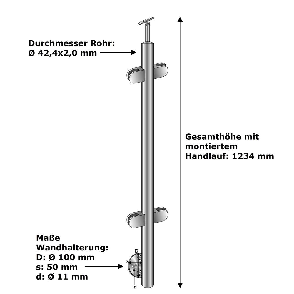 Railing post | centre post | length: 1000 mm | for lateral mounting | V2A