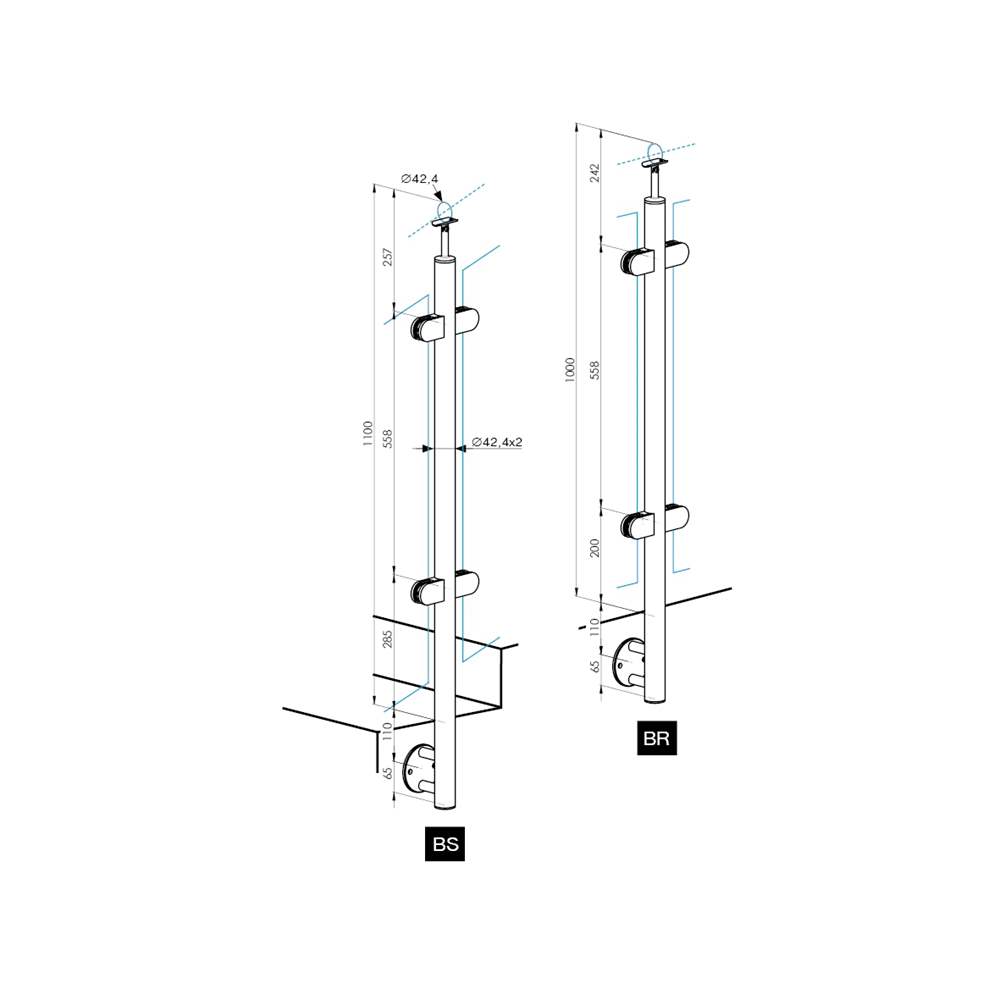 Guard-railing post | Corner outer post | Length: 1000 mm | for lateral mounting | V2A