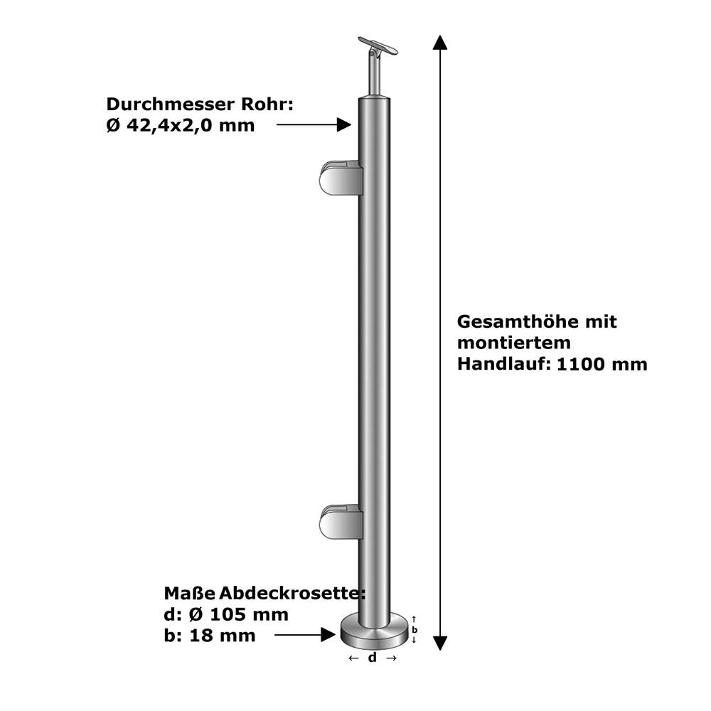 railing post | end post left | length: 1000 mm | for surface mounting | V2A
