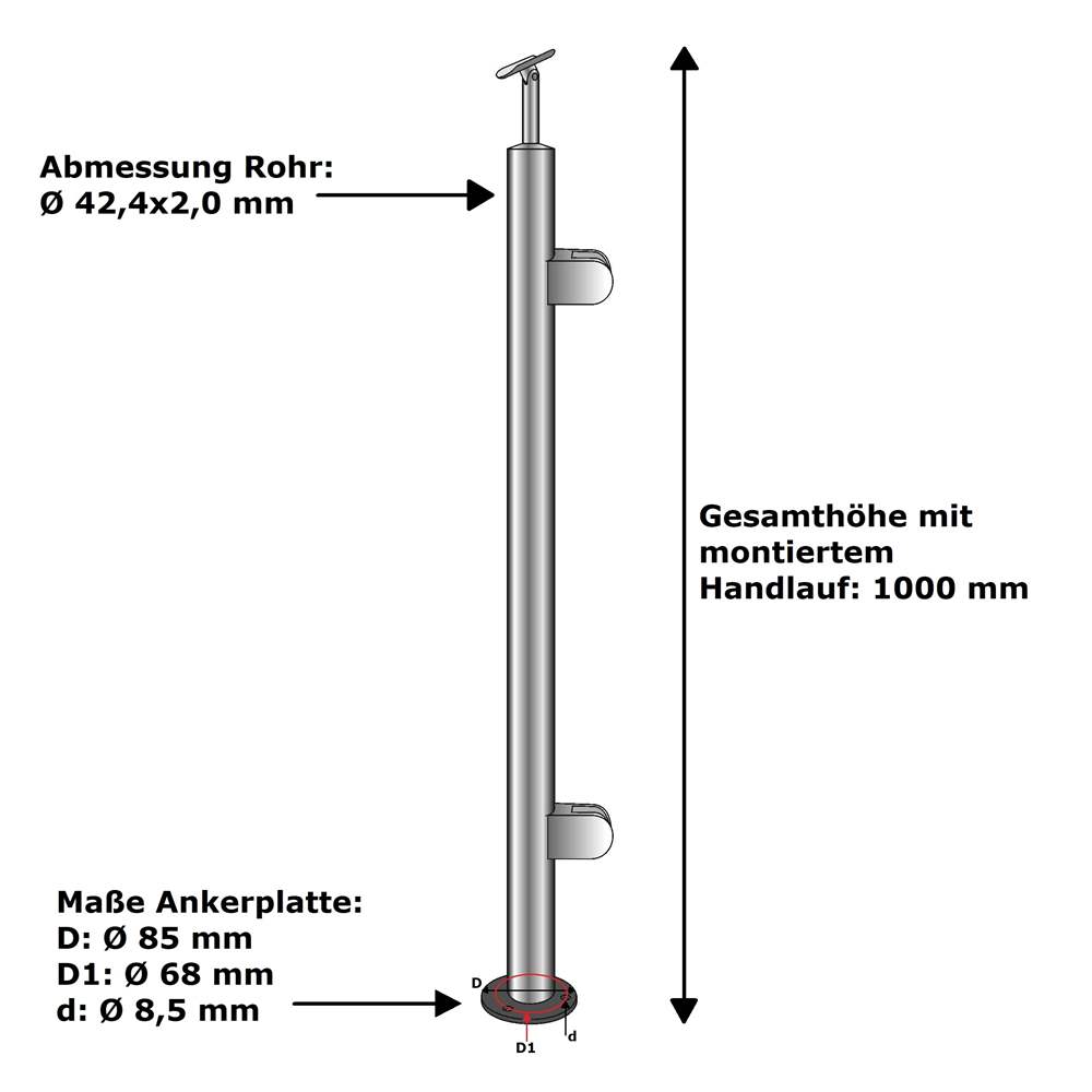 Guard-railing post | End post ECO | Length: 1000 mm | for surface mounting | V2A