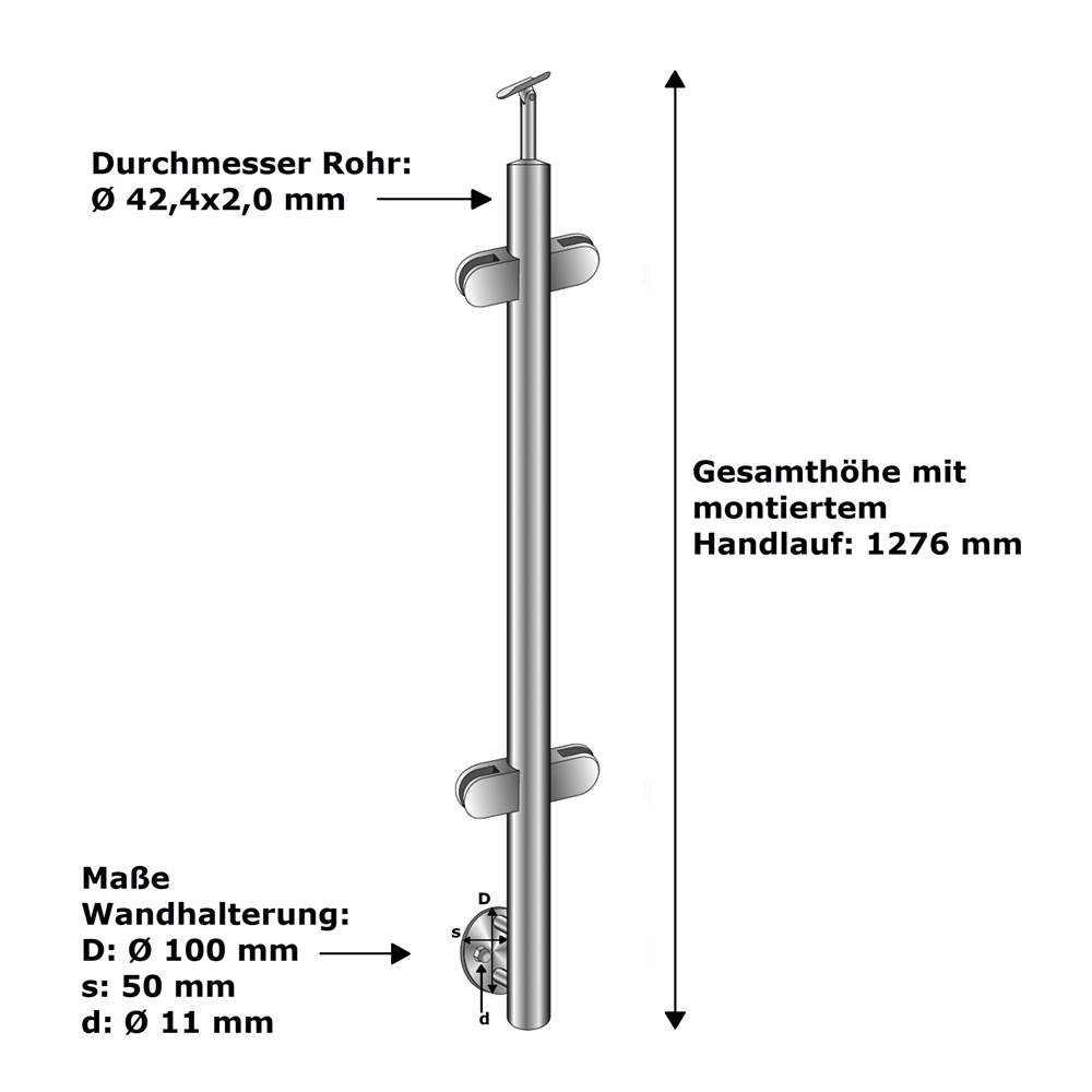 railing post | centre post | length: 1100 mm | for lateral mounting | V2A