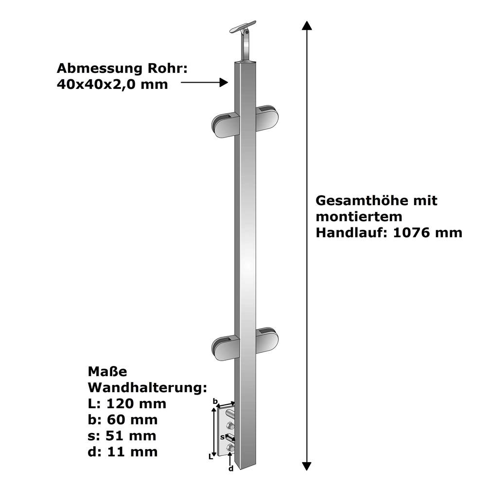 Railing post | centre post | length: 900 mm | for lateral mounting | V2A