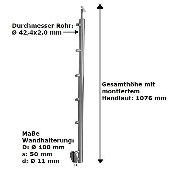 Railing post | length: 900 mm | for lateral mounting | V2A