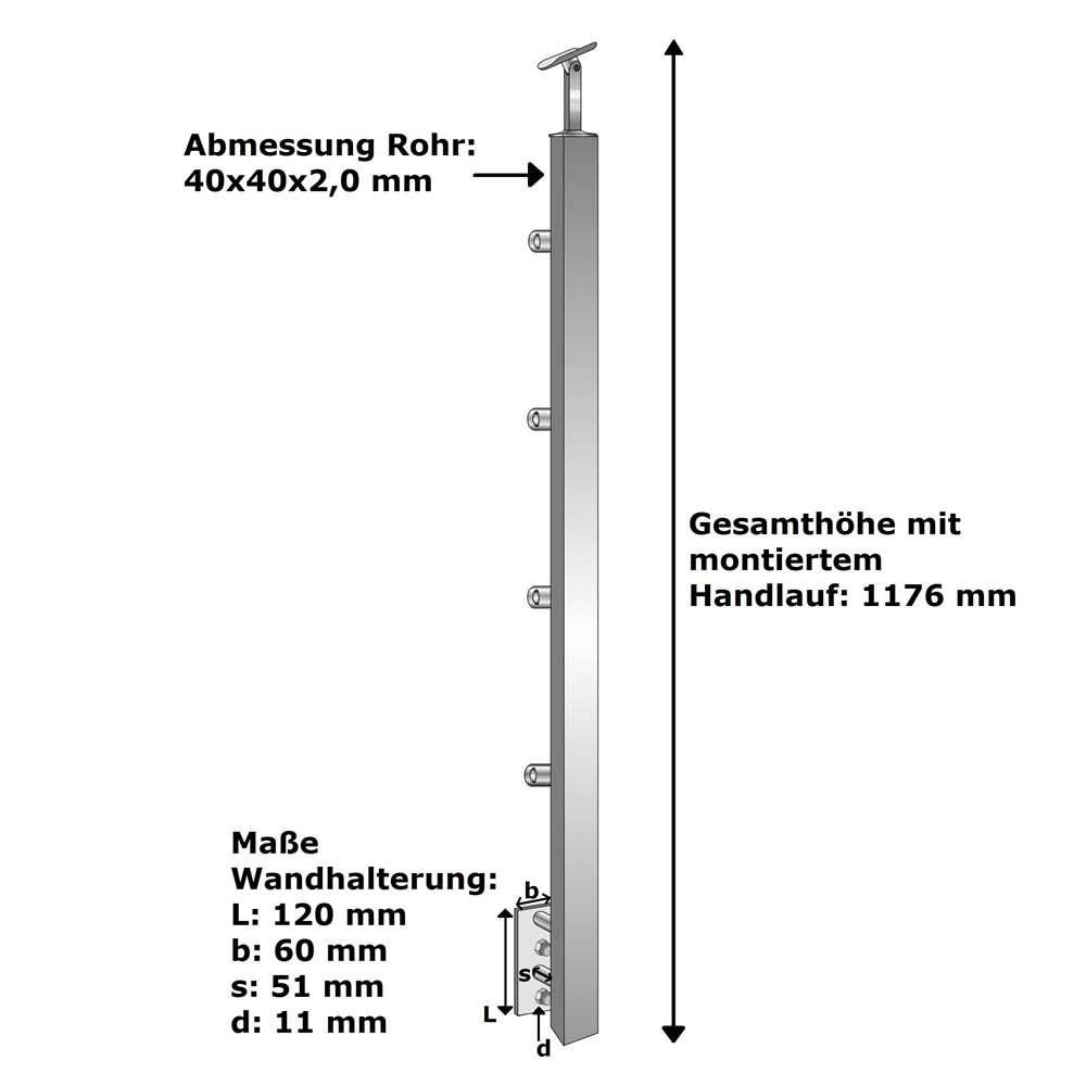 railing post | stair post | length: 900 mm | for lateral mounting | V2A