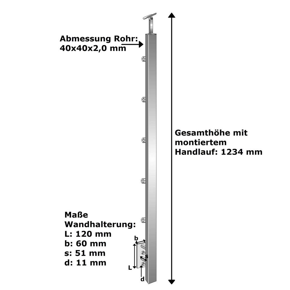 railing post | stair post | length: 1000 mm | for lateral mounting | V2A