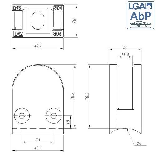 glass clamp | dimensions: 50x40x26 mm | connection 33,7 mm | V2A | rubber 1,5 mm