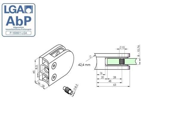 glass clamp | dimensions: 63x45x28 mm | for connection: Ø 42,4 mm | V2A