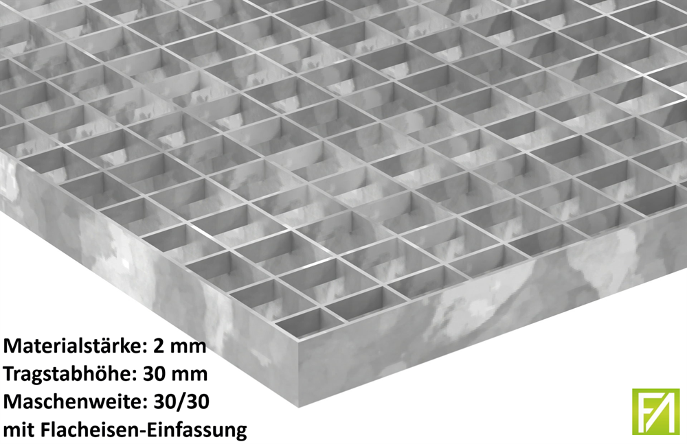 industrial grating | dimensions: 1000x500x30 mm; 30/30 mm; 30/2 mm | S235JR (St37-2), hot-dip galvanized in full bath