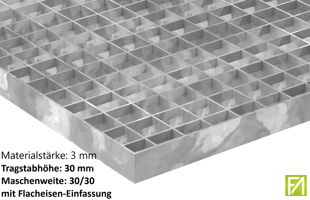 industrial grating | dimensions: 1000x500x30 mm; MW 30/30 mm; 30/3 mm | S235JR (St37-2), hot-dip galvanized in full bath