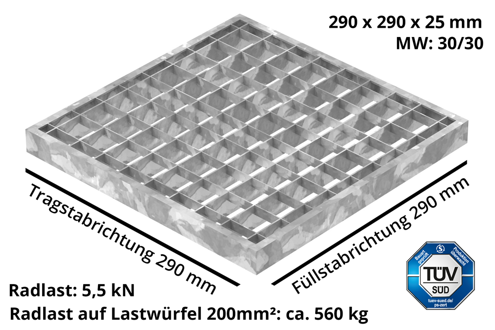 Garage grating | dimensions: 290x290x25 mm 30/30 mm | made of S235JR (St37-2), hot-dip galvanized in a full bath