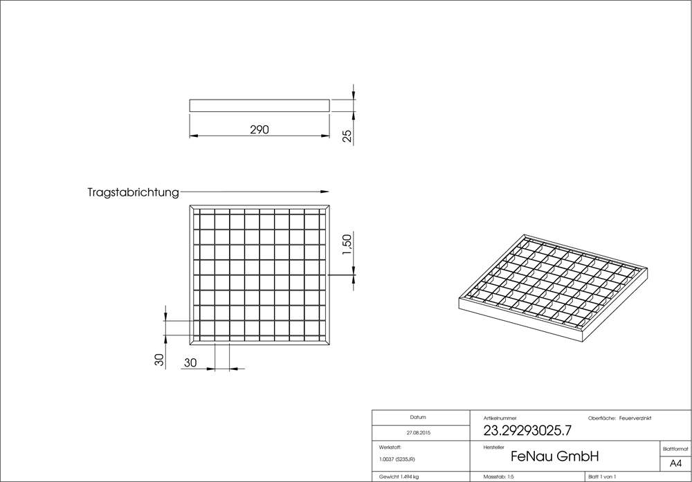 light well grating construction standard grating | dimensions: 290x590x20 mm 30/30 mm | made of S235JR (St37-2), hot-dip galvanized in full bath