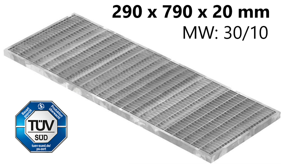light well grating construction standard grating | dimensions: 290x790x20 mm 30/10 mm | made of S235JR (St37-2), hot-dip galvanized in full bath