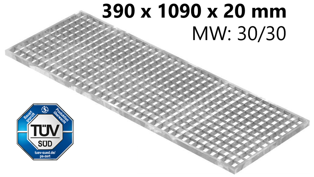 light well grating construction standard grating | dimensions: 390x1090x20 mm 30/30 mm | made of S235JR (St37-2), hot-dip galvanized in full bath