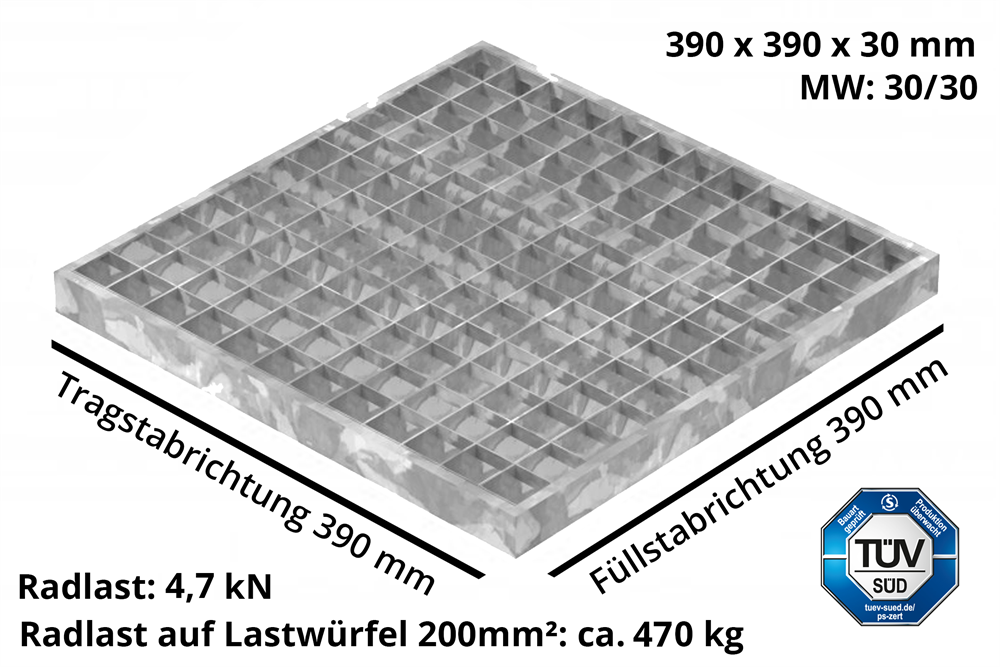 Garage grating | dimensions: 390x390x30 mm 30/30 mm | made of S235JR (St37-2), hot-dip galvanized in a full bath