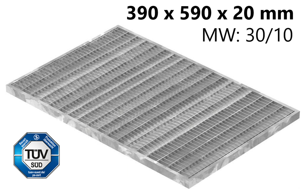light well grating construction standard grating | dimensions: 390x590x20 mm 30/10 mm | made of S235JR (St37-2), hot-dip galvanized in full bath
