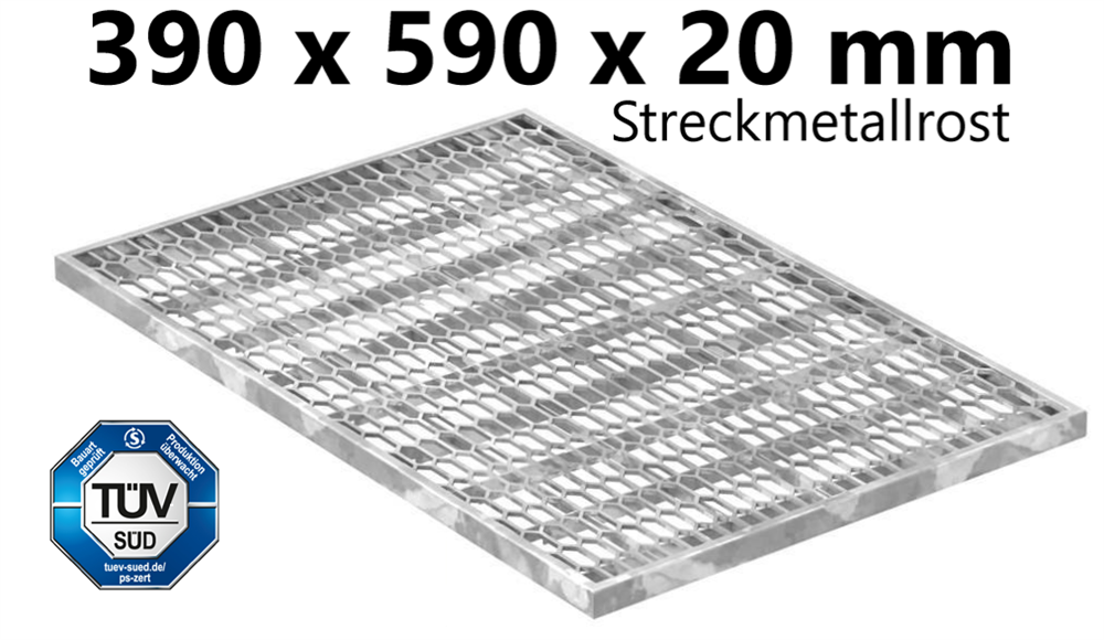 Expanded metal grating 390x590x20 mm | made of S235JR (St37-2), hot-dip galvanized in a full bath