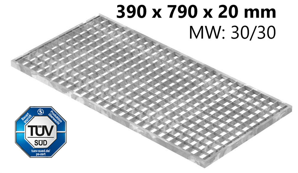 light well grating construction standard grating | dimensions: 390x790x20 mm 30/30 mm | made of S235JR (St37-2), hot-dip galvanized in full bath