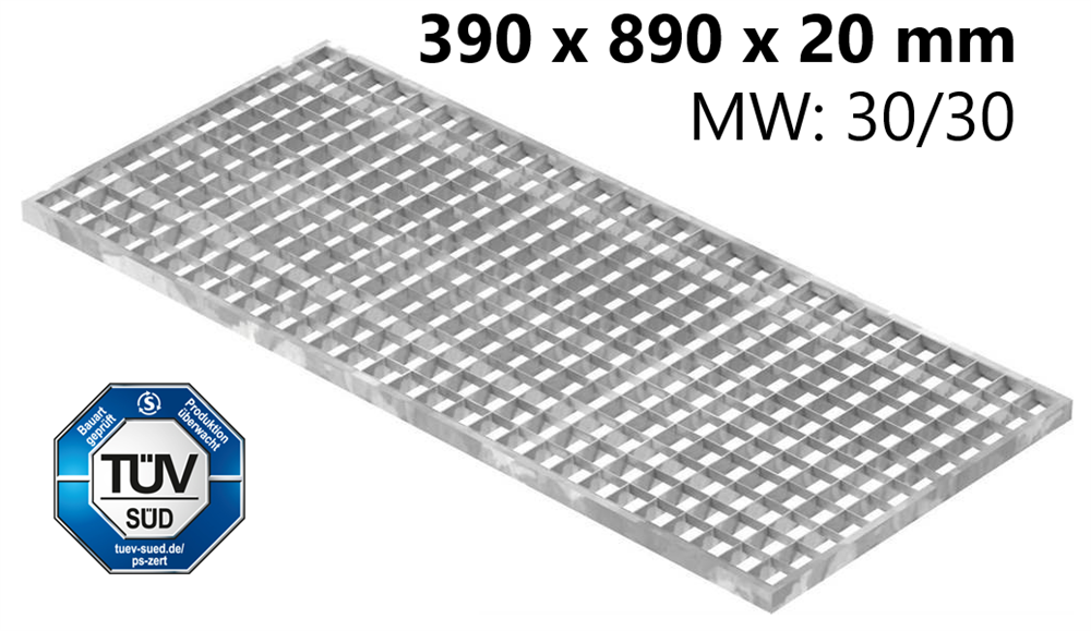 light well grating construction standard grating | dimensions: 390x890x20 mm 30/30 mm | made of S235JR (St37-2), hot-dip galvanized in full bath