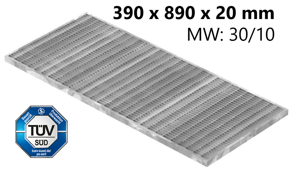 light well grating construction standard grating | dimensions: 390x890x20 mm 30/10 mm | made of S235JR (St37-2), hot-dip galvanized in full bath