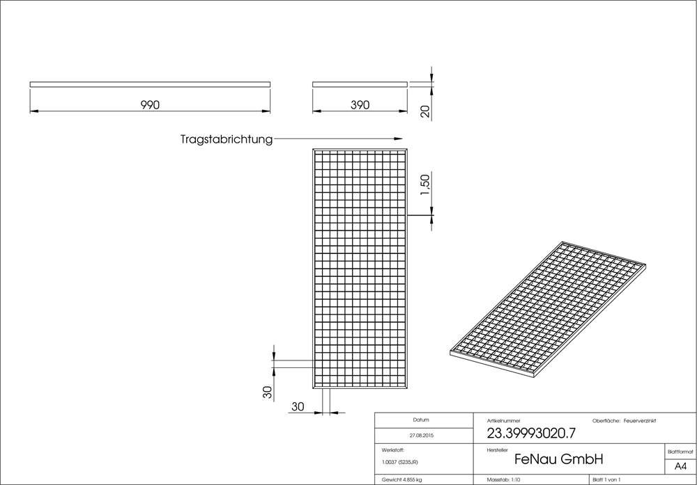 light shaft grating construction standard grating | dimensions: 390x990x20 mm 30/30 mm | made of S235JR (St37-2), hot-dip galvanized in full bath