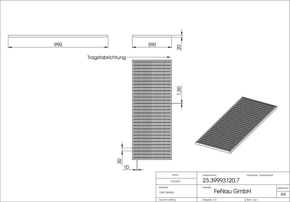 light well grating construction standard grating | dimensions: 390x990x20 mm 30/10 mm | made of S235JR (St37-2), hot-dip galvanized in full bath