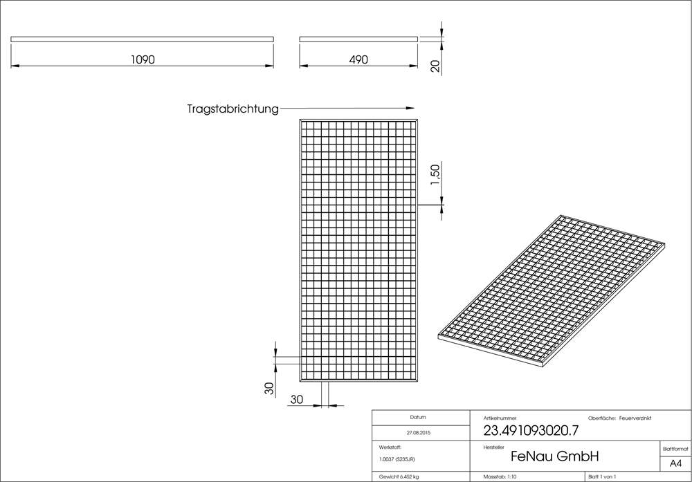 light well grating construction standard grating | dimensions: 490x1090x20 mm 30/30 mm | made of S235JR (St37-2), hot-dip galvanized in full bath