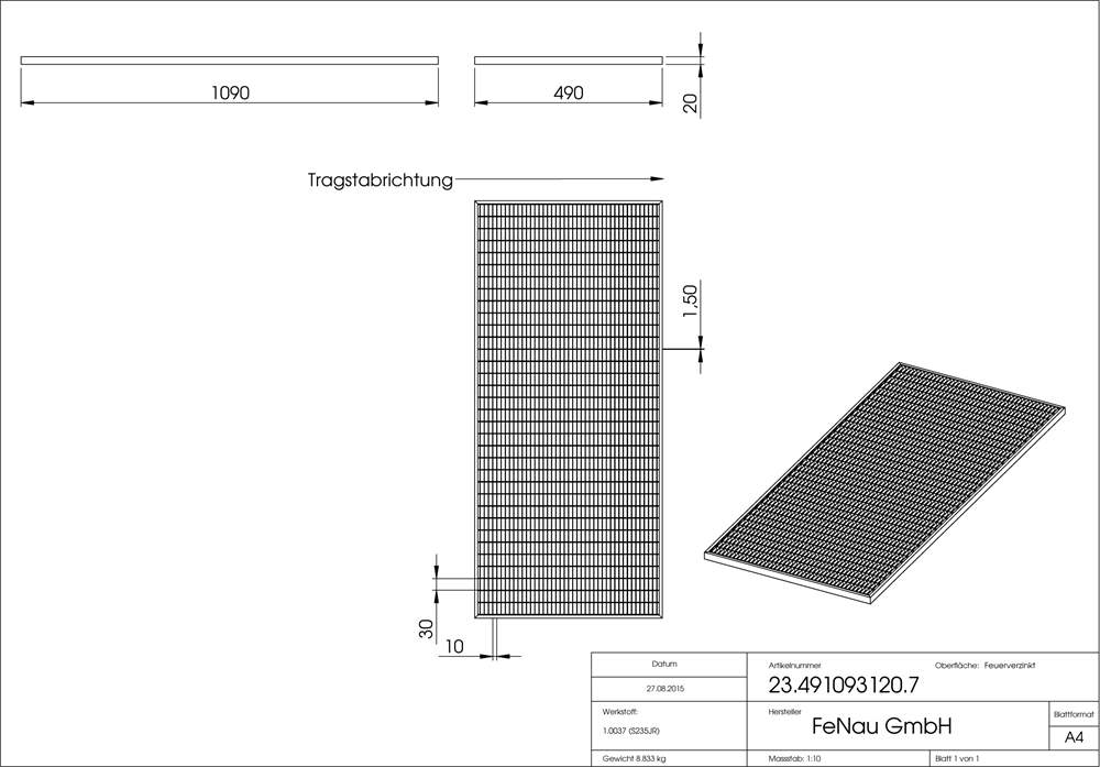 light well grating construction standard grating | dimensions: 490x1090x20 mm 30/10 mm | made of S235JR (St37-2), hot-dip galvanized in full bath