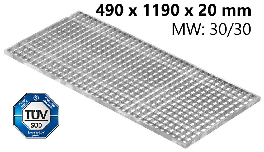 light well grating construction standard grating | dimensions: 490x1190x20 mm 30/30 mm | made of S235JR (St37-2), hot-dip galvanized in full bath