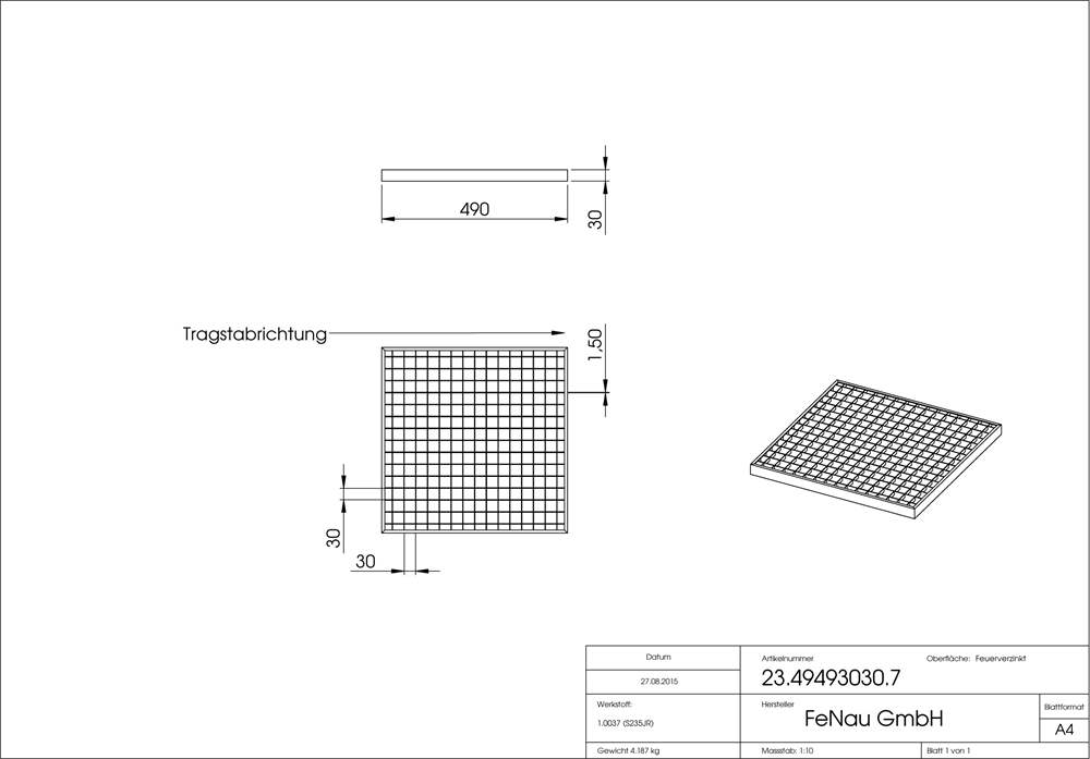 Garage grating | dimensions: 490x490x30 mm 30/30 mm | made of S235JR (St37-2), hot-dip galvanized in a full bath