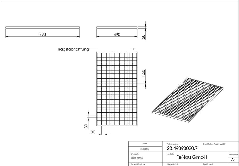light well grating construction standard grating | dimensions: 490x890x20 mm 30/30 mm | made of S235JR (St37-2), hot-dip galvanized in full bath