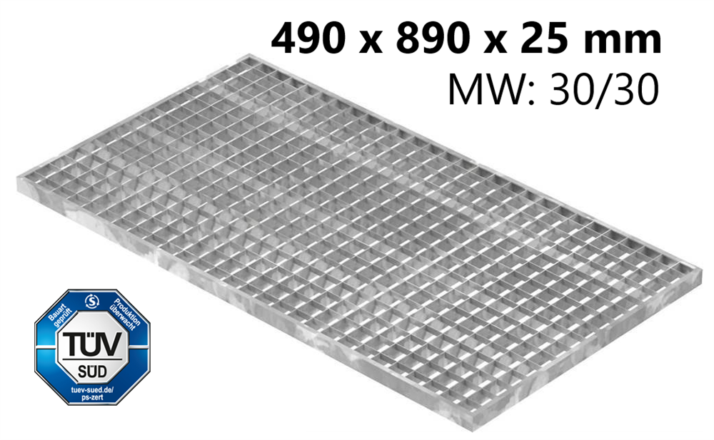 light well grating construction standard grating | dimensions: 490x890x25 mm 30/30 mm | made of S235JR (St37-2), hot-dip galvanized in full bath
