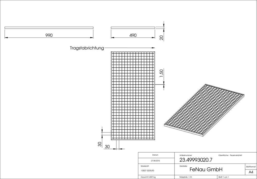 light well grating construction standard grating | dimensions: 490x990x20 mm 30/30 mm | made of S235JR (St37-2), hot-dip galvanized in full bath